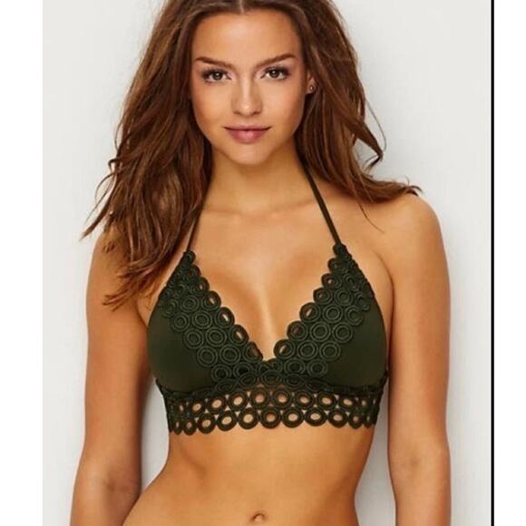 Becca Siren Eyelet Crochet Halter 2 Piece Bikini Top and Bottom Green Small - Picture 1 of 5